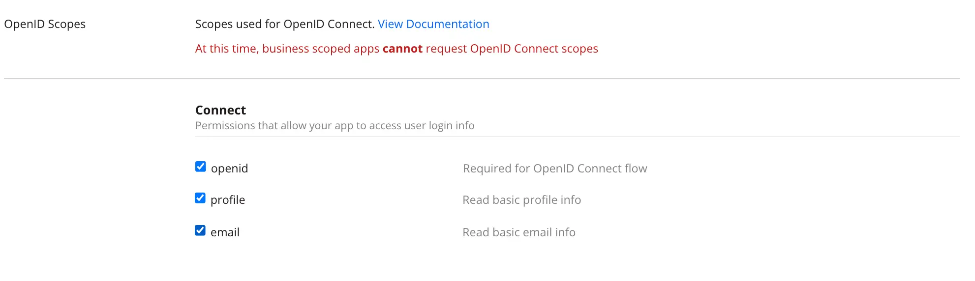 Screenshot of the available OpenID Connect scopes in the Permissions tab in the app settings for a Dropbox app